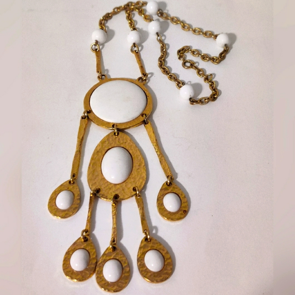 Vintage MCM Quirky Modernist Tassel Statement Necklace w/ Milky Glass